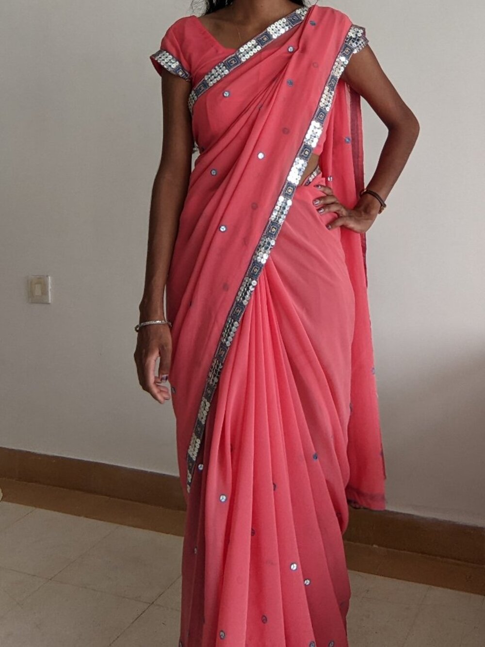 Salmon chiffon saree